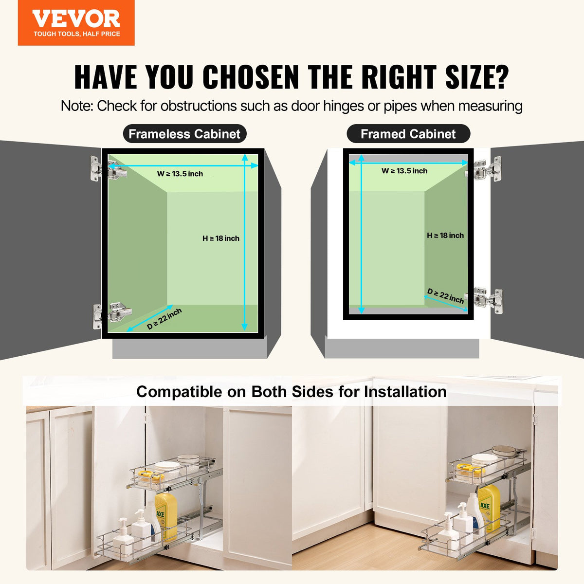 VEVOR 12"Wx21"Dx15"H Pull Out Cabinet Organizer, Heavy Duty Slide Out Pantry Shelves, Steel Roll Out Drawers, Sliding Drawer Storage for Home Under Sink, 13.5"Wx22"Dx18"H Install Size for Cabinet - FZSLLDGGEC12VMAA1V0 - view 3