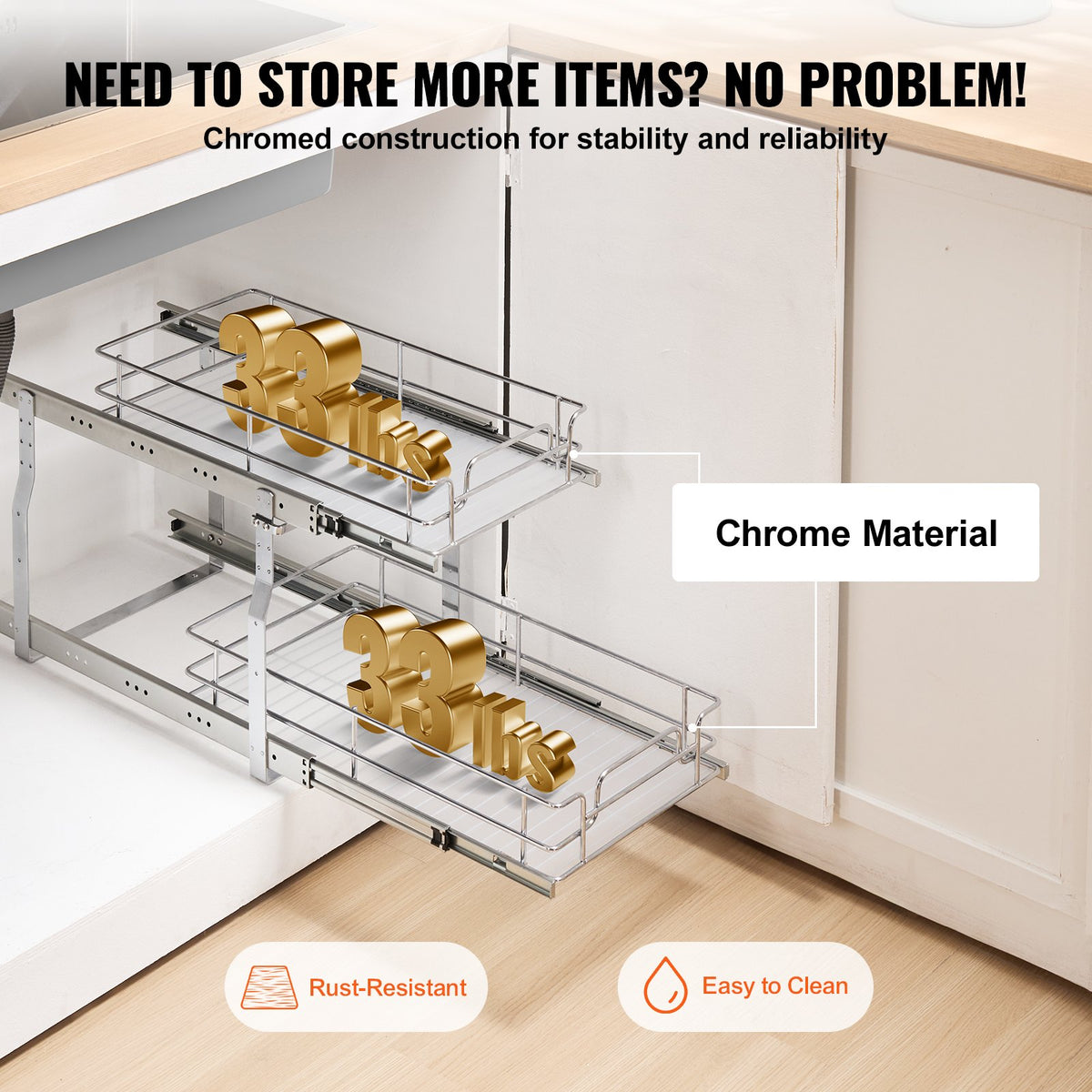 VEVOR 12"Wx21"Dx15"H Pull Out Cabinet Organizer, Heavy Duty Slide Out Pantry Shelves, Steel Roll Out Drawers, Sliding Drawer Storage for Home Under Sink, 13.5"Wx22"Dx18"H Install Size for Cabinet - FZSLLDGGEC12VMAA1V0 - view 6