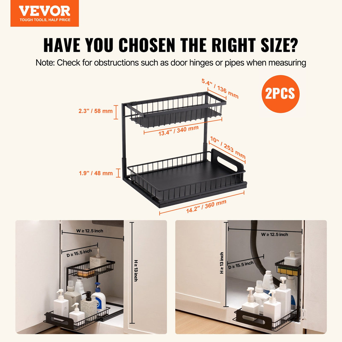VEVOR 2 Tier Pull Out Cabinet Organizer(10.7"W x 14.2"D ), Under Sink Organizer and Storage, Slide Out Drawer Cabinet Organizer, Wire Basket Sliding Shelf, 12.5"Wx15.5"Dx13"H Install Size for Cabinet - FZSLLTGPFECSRVFBHV0 - view 3