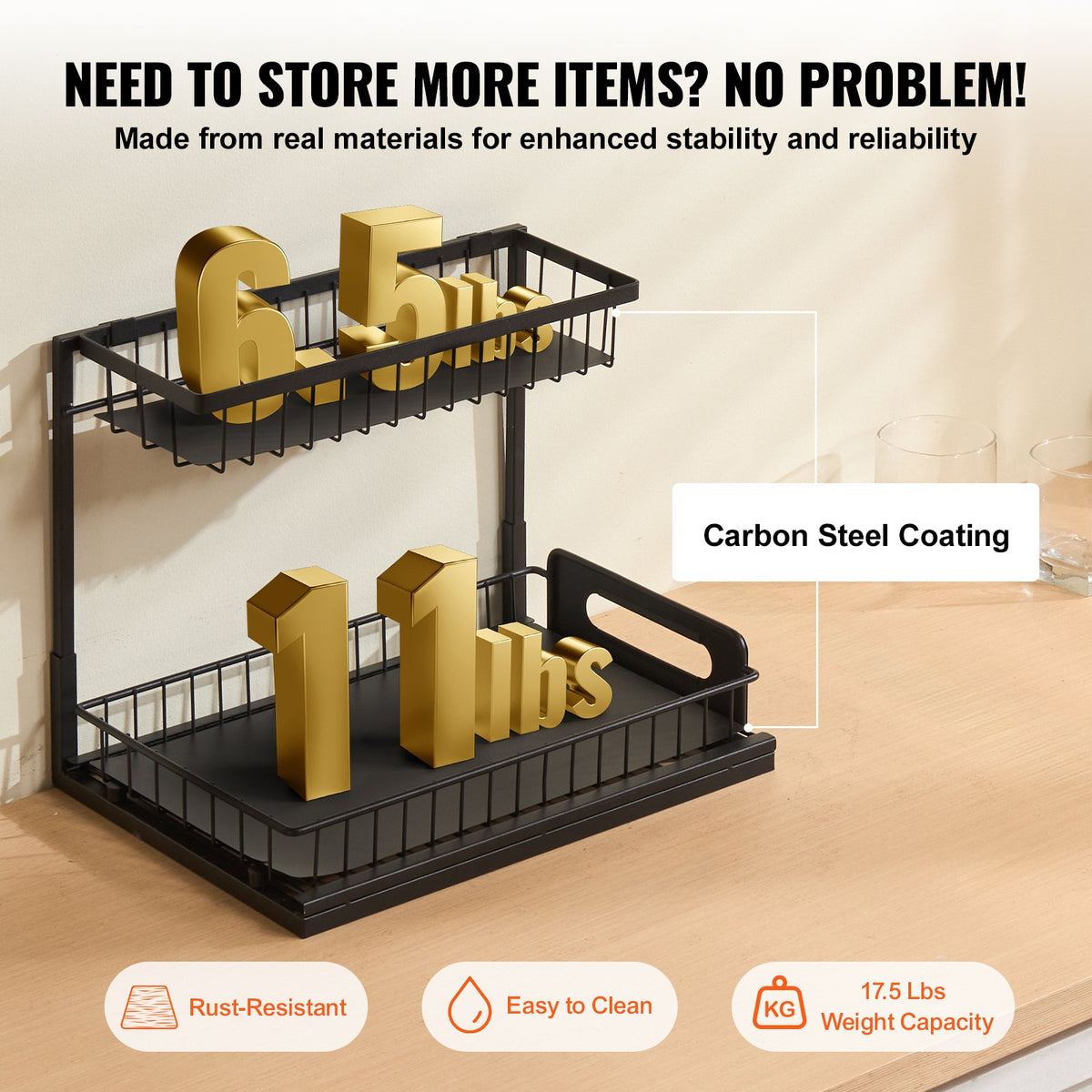 VEVOR 2 Tier Pull Out Cabinet Organizer(10.7"W x 14.2"D ), Under Sink Organizer and Storage, Slide Out Drawer Cabinet Organizer, Wire Basket Sliding Shelf, 12.5"Wx15.5"Dx13"H Install Size for Cabinet - FZSLLTGPFECSRVFBHV0 - view 6