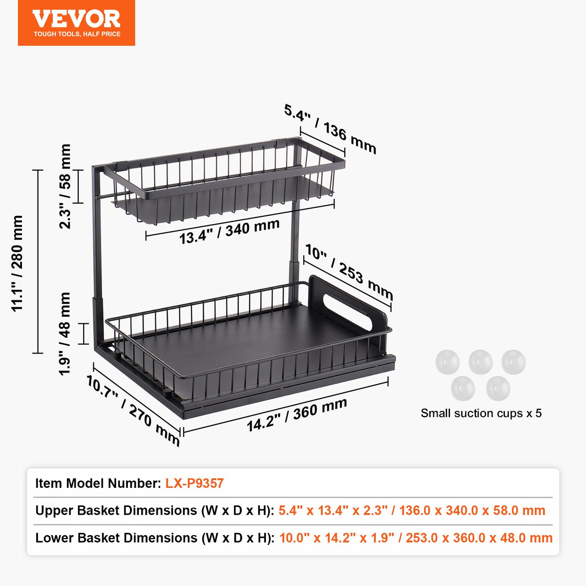 VEVOR 2 Tier Pull Out Cabinet Organizer(10.7"W x 14.2"D ), Under Sink Organizer and Storage, Slide Out Drawer Cabinet Organizer, Wire Basket Sliding Shelf, 12.5"Wx15.5"Dx13"H Install Size for Cabinet - FZSLLTGPFECSRVFBHV0 - view 8