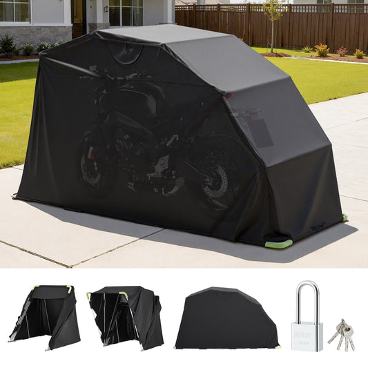 VEVOR Motorcycle Storage Shelter with Security Lock, 600D Oxford Flip-Up Garage Tent, Heavy-Duty All-Weather Motorcycle Cover with Ventilation Windows, 136x54x75 in Outdoor Vehicle Shelter, Black - FZSMTCPXH000B3MVP001V0 - view 1
