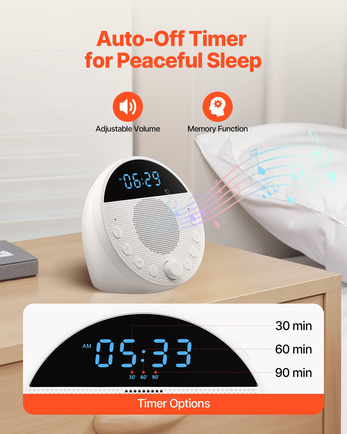 VEVOR Sound Machine, 18 Soothing Sleep Sounds and 7-Color Night Light, 5-in-1 White Noise Sound Machine with Dual Alarms, Auto-Off Timer and Memory Function, for Baby, Adults, Home, Office & Travel - FZSMYSLTMS18LRCKTV9 - view 6
