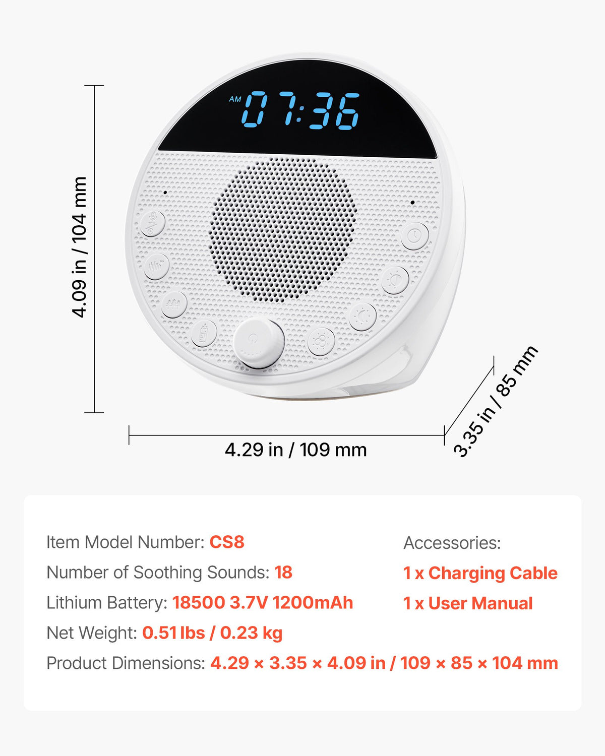 VEVOR Sound Machine, 18 Soothing Sleep Sounds and 7-Color Night Light, 5-in-1 White Noise Sound Machine with Dual Alarms, Auto-Off Timer and Memory Function, for Baby, Adults, Home, Office & Travel - FZSMYSLTMS18LRCKTV9 - view 8