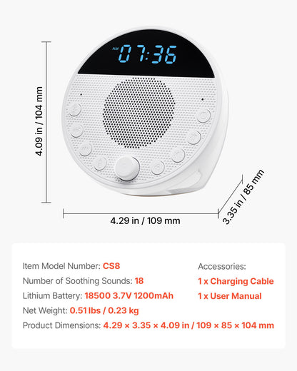 VEVOR Sound Machine, 18 Soothing Sleep Sounds and 7-Color Night Light, 5-in-1 White Noise Sound Machine with Dual Alarms, Auto-Off Timer and Memory Function, for Baby, Adults, Home, Office & Travel - FZSMYSLTMS18LRCKTV9 - view 8
