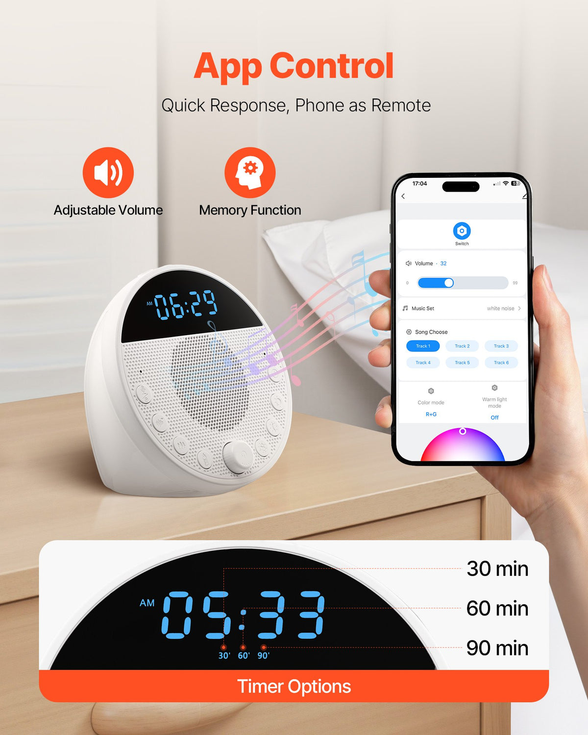 VEVOR Sound Machine, 18 Soothing Sleep Sounds, 7-Color Night Light, 6-in-1 White Noise Sound Machine with Dual Alarms, APP, Auto-Off Timer and Memory Function, for Baby, Adults, Home, Office & Travel - FZSMYSLTMS18SZ8ERV9 - view 6