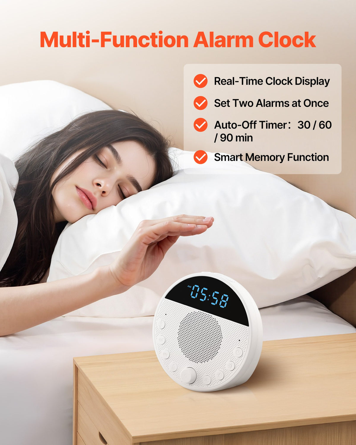 VEVOR Sound Machine, 18 Soothing Sleep Sounds, 7-Color Night Light, 6-in-1 White Noise Sound Machine with Dual Alarms, APP, Auto-Off Timer and Memory Function, for Baby, Adults, Home, Office & Travel - FZSMYSLTMS18SZ8ERV9 - view 7