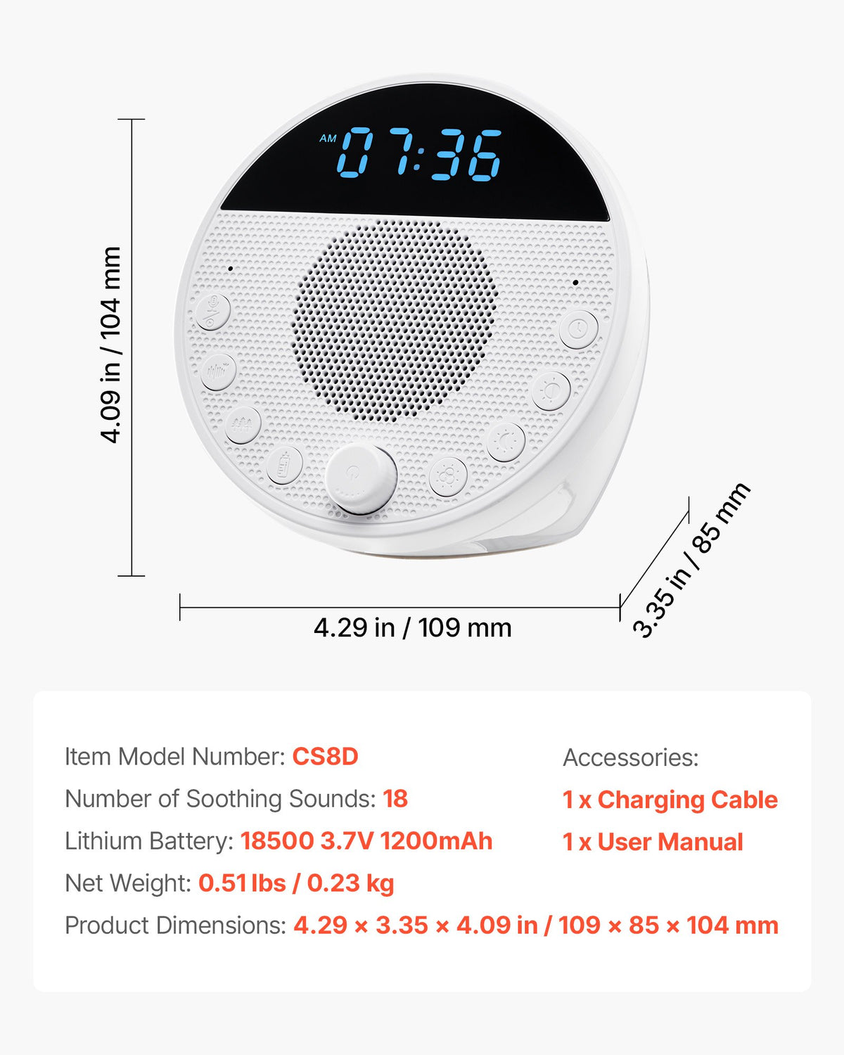 VEVOR Sound Machine, 18 Soothing Sleep Sounds, 7-Color Night Light, 6-in-1 White Noise Sound Machine with Dual Alarms, APP, Auto-Off Timer and Memory Function, for Baby, Adults, Home, Office & Travel - FZSMYSLTMS18SZ8ERV9 - view 8