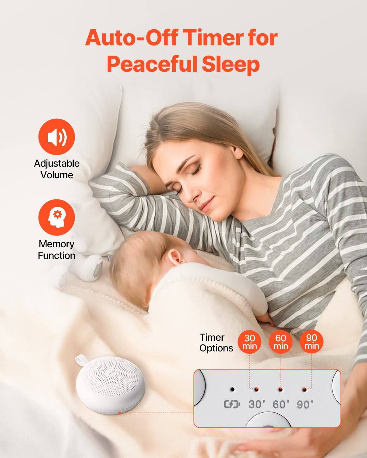 VEVOR Sound Machine, 30 Soothing Sleep Sounds, 3-in-1 Portable and Hangable White Noise Sound Machine with Auto-Off Timer, Soft Ring Light and Memory Function, for Baby, Adults, Home, Office & Travel - FZSMYSLTMS30RMZBQV9 - view 6
