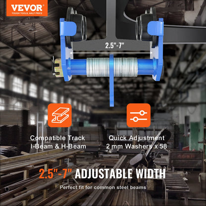 VEVOR Manual Trolley, 6600 lbs/3 Ton Load Capacity, Push Beam Trolley with Dual Wheels, Adjustable for I-Beam Flange Width 2.5" to 7", Heavy Duty Alloy Steel Garage Hoist for Straight Curved I Beam - FZSTXCHJ3T257FJ6MV0 - view 3
