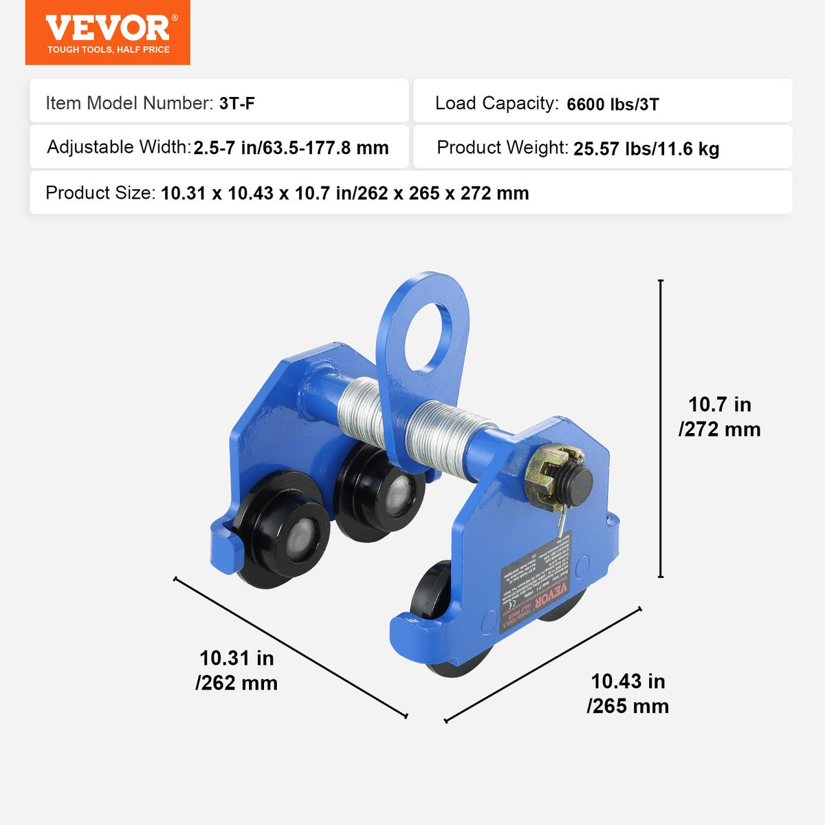 VEVOR Manual Trolley, 6600 lbs/3 Ton Load Capacity, Push Beam Trolley with Dual Wheels, Adjustable for I-Beam Flange Width 2.5" to 7", Heavy Duty Alloy Steel Garage Hoist for Straight Curved I Beam - FZSTXCHJ3T257FJ6MV0 - view 8