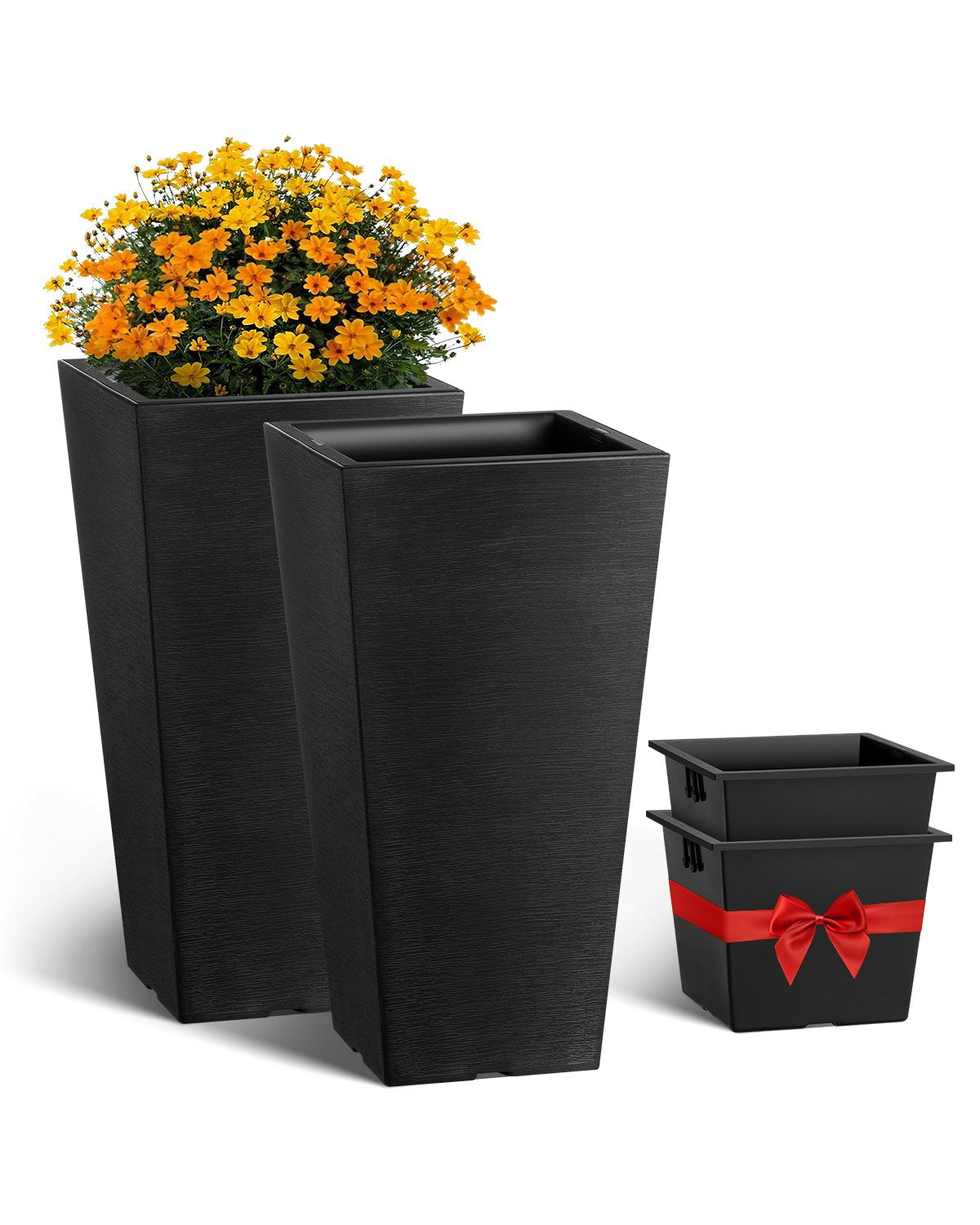 VEVOR Set of 2 Tall Outdoor Planters 22inch, Large Planters For Outdoor Indoor Plants, Black Tapered Square Front Porch Planters Flower Tree Plant Pots with Modern Design and Built-in Drainage - FZXHS22YCBDTHZU9MV0 - view 1