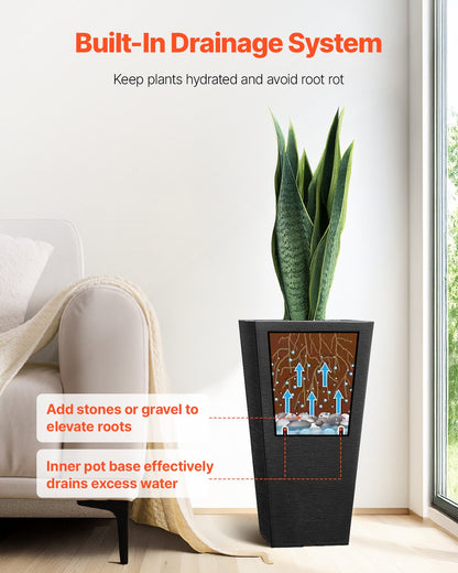 VEVOR Set of 2 Tall Outdoor Planters 22inch, Large Planters For Outdoor Indoor Plants, Black Tapered Square Front Porch Planters Flower Tree Plant Pots with Modern Design and Built-in Drainage - FZXHS22YCBDTHZU9MV0 - view 5