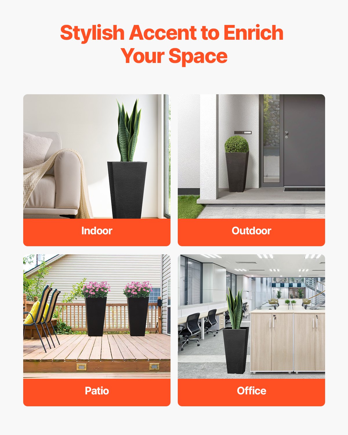 VEVOR Set of 2 Tall Outdoor Planters 22inch, Large Planters For Outdoor Indoor Plants, Black Tapered Square Front Porch Planters Flower Tree Plant Pots with Modern Design and Built-in Drainage - FZXHS22YCBDTHZU9MV0 - view 6