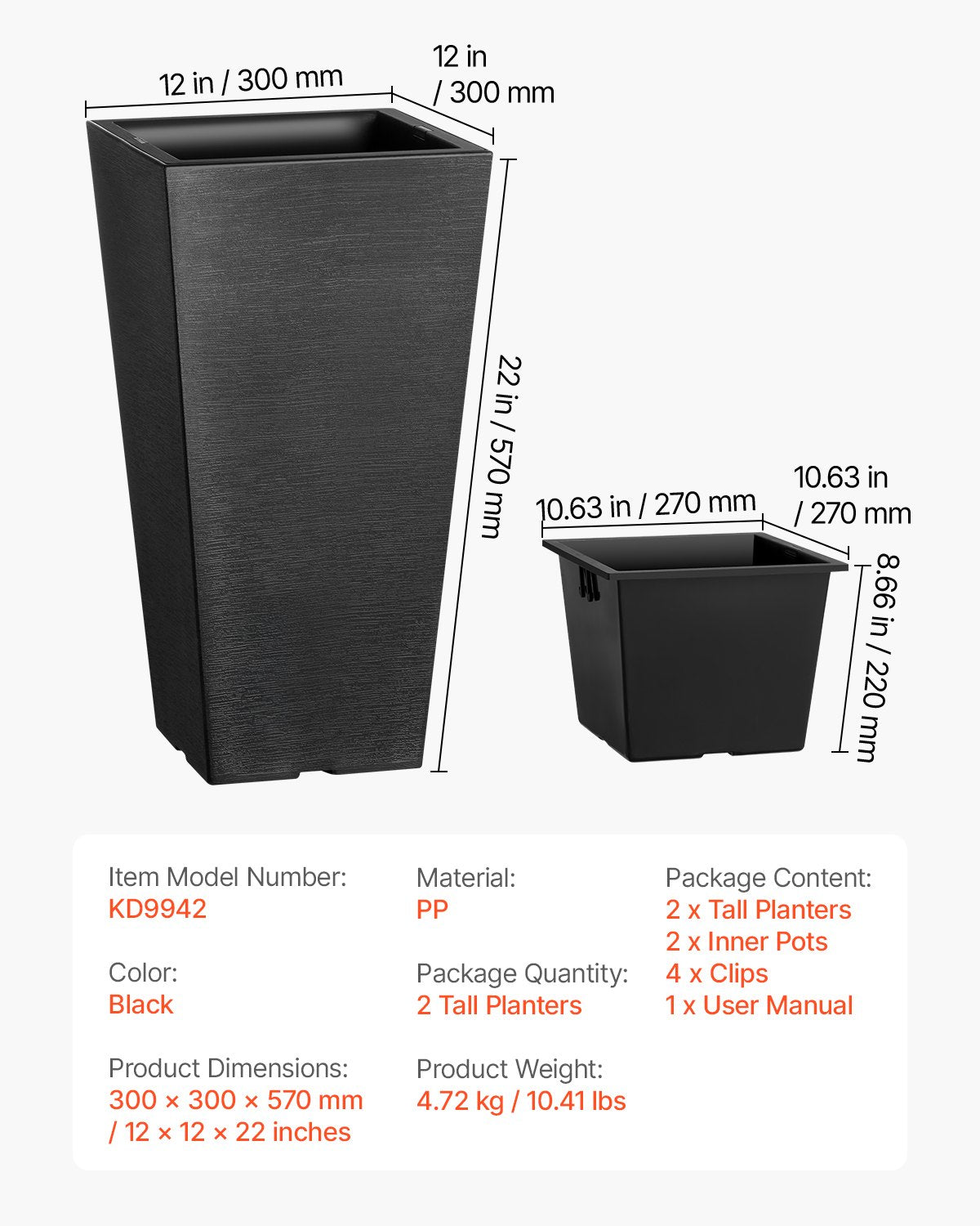 VEVOR Set of 2 Tall Outdoor Planters 22inch, Large Planters For Outdoor Indoor Plants, Black Tapered Square Front Porch Planters Flower Tree Plant Pots with Modern Design and Built-in Drainage - FZXHS22YCBDTHZU9MV0 - view 8