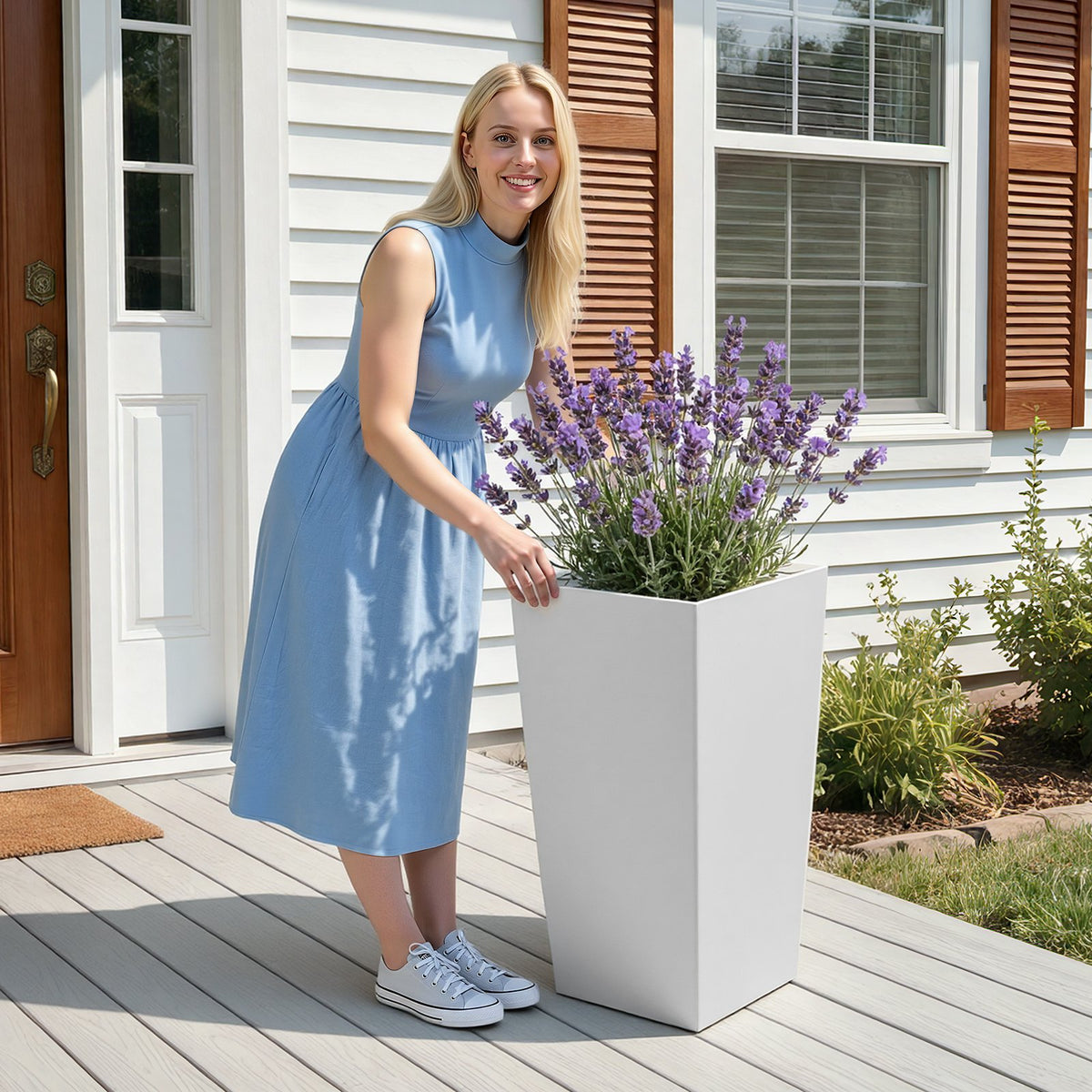 VEVOR Tall Planters Set of 2, 30 Inch Large Outdoor Taper Planters for Outdoor Indoor Plants, Front Porch Plastic Modern Flower Pots with Casters, Inner Pot & Drainage Holes for Patio, Garden, White - FZXZSHPBS2PC33CA2001V0 - view 9