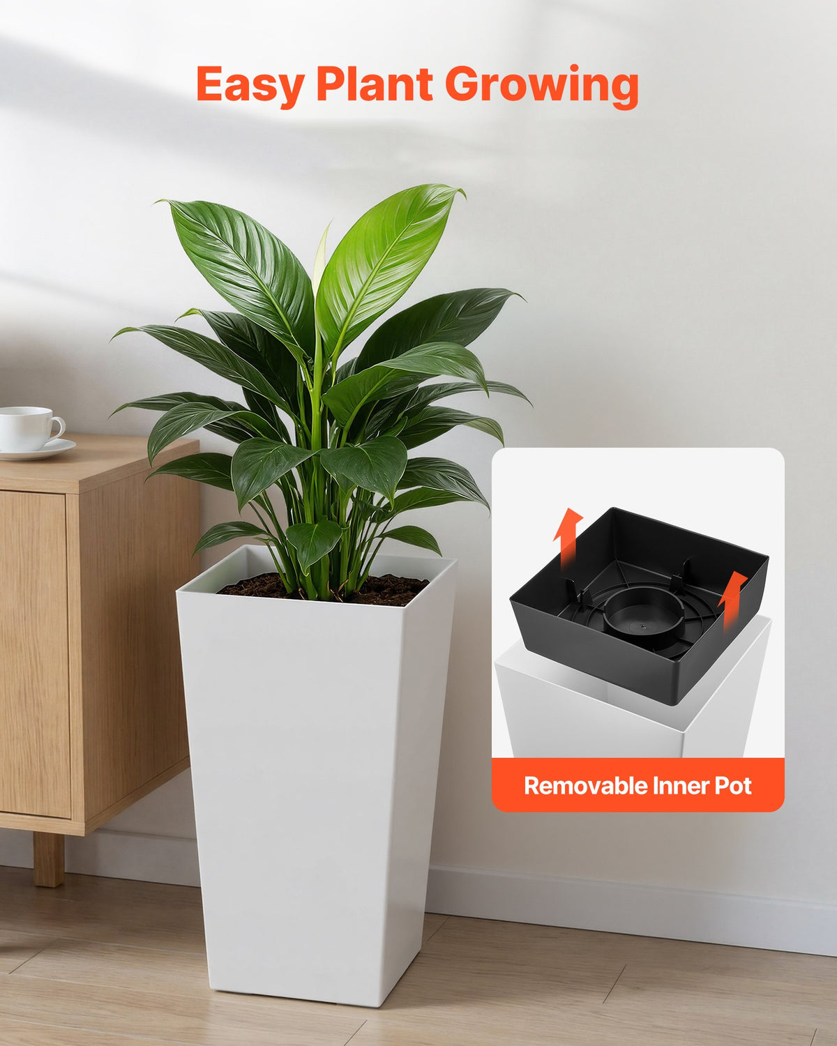 VEVOR Tall Planters Set of 2, 22 Inch Large Outdoor Taper Planters for Outdoor Indoor Plants, Front Porch Plastic Modern Flower Pots with Casters, Inner Pot & Drainage Holes for Patio, Garden, White - FZXZSHPBS2PCSBL1Q001V0 - view 6