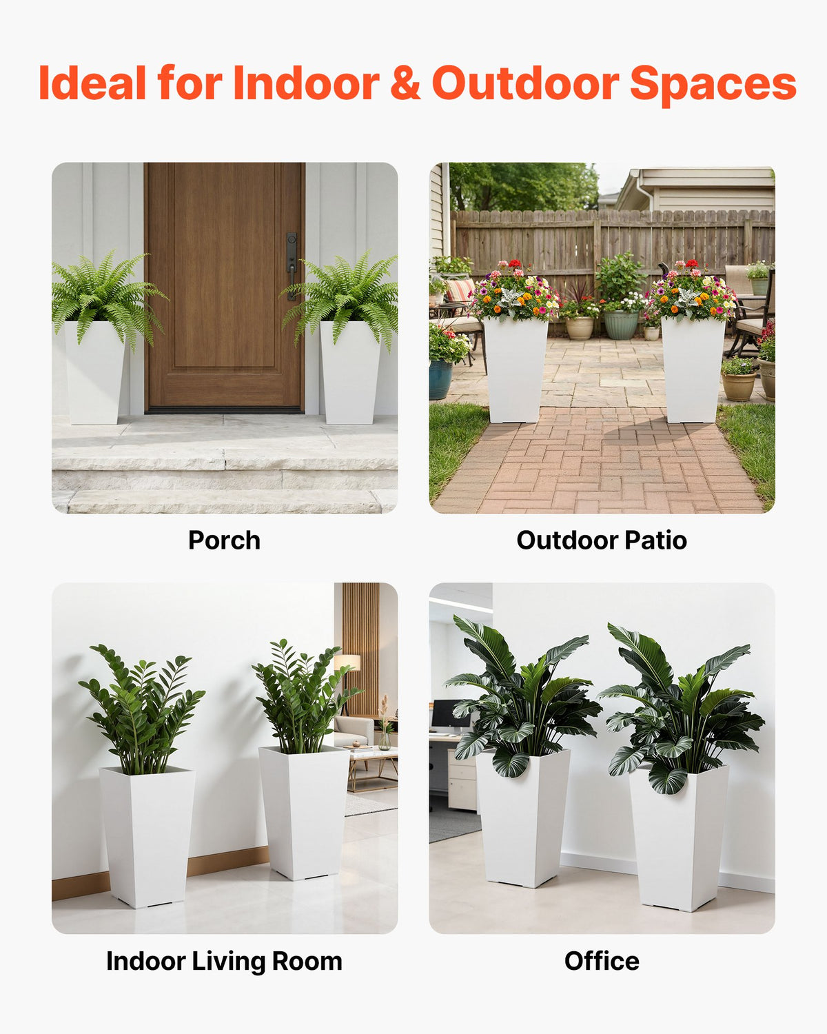 VEVOR Tall Planters Set of 2, 22 Inch Large Outdoor Taper Planters for Outdoor Indoor Plants, Front Porch Plastic Modern Flower Pots with Casters, Inner Pot & Drainage Holes for Patio, Garden, White - FZXZSHPBS2PCSBL1Q001V0 - view 7