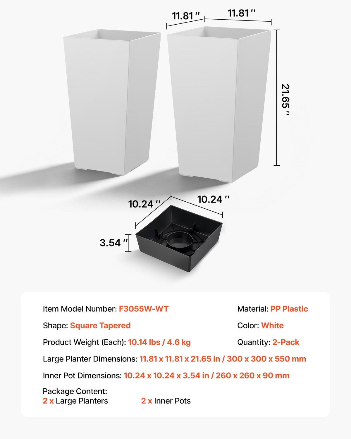 VEVOR Tall Planters Set of 2, 22 Inch Large Outdoor Taper Planters for Outdoor Indoor Plants, Front Porch Plastic Modern Flower Pots with Casters, Inner Pot & Drainage Holes for Patio, Garden, White - FZXZSHPBS2PCSBL1Q001V0 - view 8