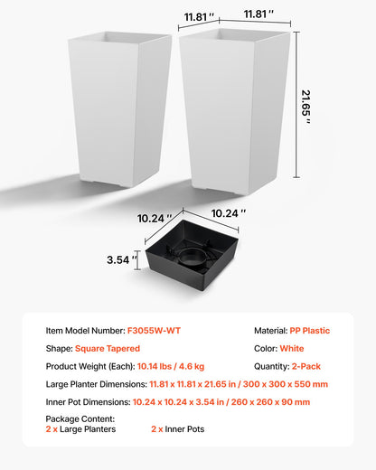 VEVOR Tall Planters Set of 2, 22 Inch Large Outdoor Taper Planters for Outdoor Indoor Plants, Front Porch Plastic Modern Flower Pots with Casters, Inner Pot & Drainage Holes for Patio, Garden, White - FZXZSHPBS2PCSBL1Q001V0 - view 8