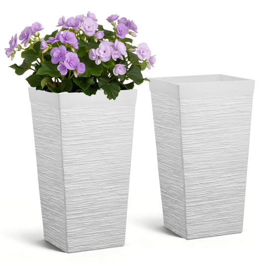 VEVOR Tall Planters Set of 2, 23 Inch Large Outdoor Taper Planters for Outdoor Indoor Plants, Front Porch Plastic Modern Flower Pots with Casters, Inner Pot & Drainage Holes for Patio, Garden, White - FZXZSHPBS2PCWL1I1001V0 - view 1