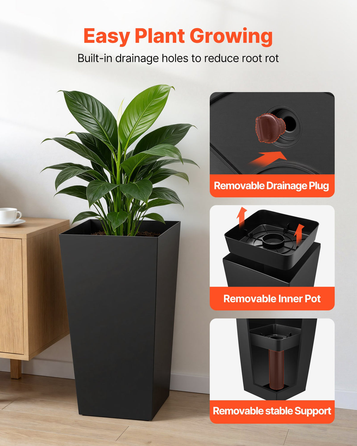 VEVOR Tall Planters Set of 2, 30 Inch Large Outdoor Taper Planters for Outdoor Indoor Plants, Front Porch Plastic Modern Flower Pots with Casters, Inner Pot & Drainage Holes for Patio, Garden, Black - FZXZSHPHS2PCBUGCA001V0 - view 6