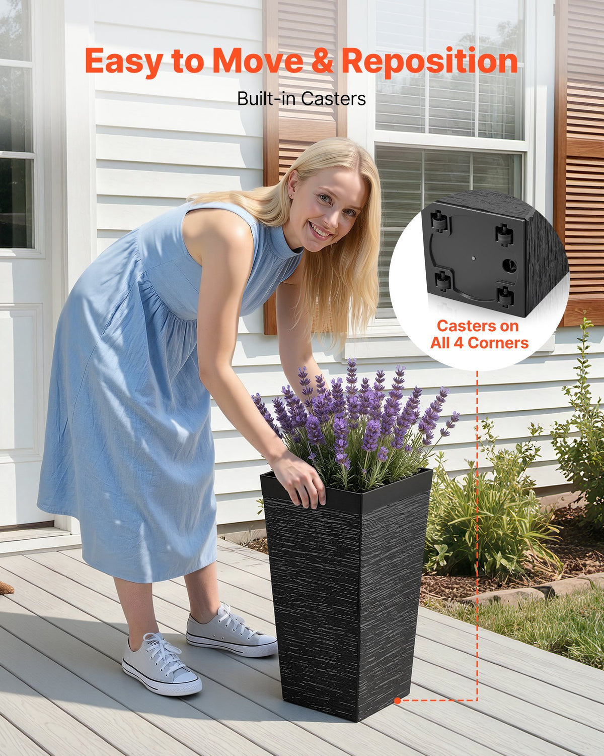 VEVOR Tall Planters Set of 2, 23 Inch Large Outdoor Taper Planters for Outdoor Indoor Plants, Front Porch Plastic Modern Flower Pots with Casters, Inner Pot & Drainage Holes for Patio, Garden, Black - FZXZSHPHS2PCH8DAZ001V0 - view 5