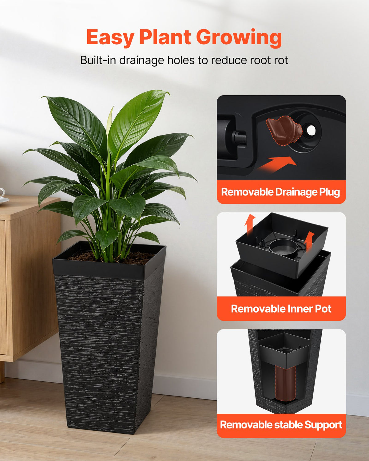 VEVOR Tall Planters Set of 2, 23 Inch Large Outdoor Taper Planters for Outdoor Indoor Plants, Front Porch Plastic Modern Flower Pots with Casters, Inner Pot & Drainage Holes for Patio, Garden, Black - FZXZSHPHS2PCH8DAZ001V0 - view 6