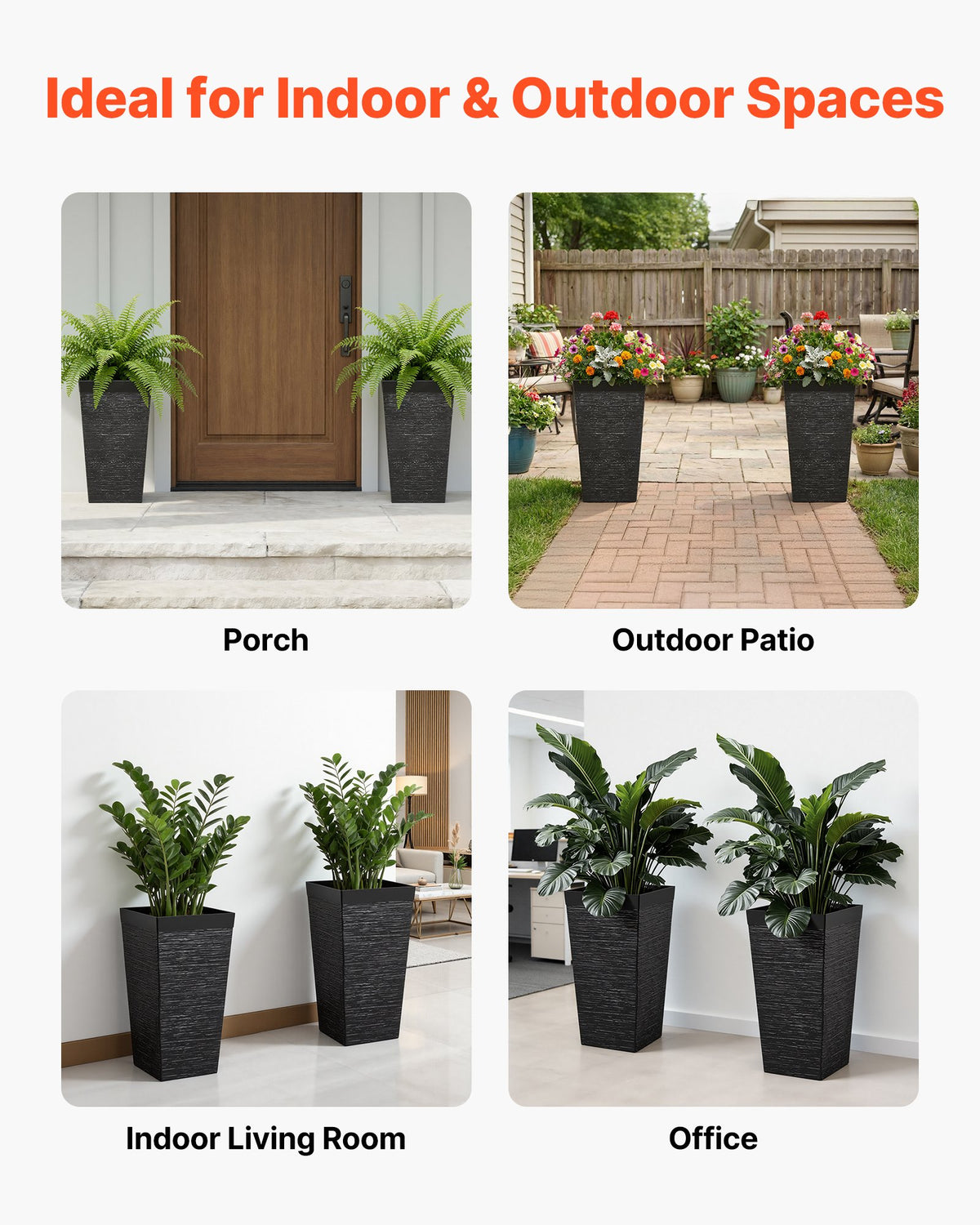 VEVOR Tall Planters Set of 2, 23 Inch Large Outdoor Taper Planters for Outdoor Indoor Plants, Front Porch Plastic Modern Flower Pots with Casters, Inner Pot & Drainage Holes for Patio, Garden, Black - FZXZSHPHS2PCH8DAZ001V0 - view 7