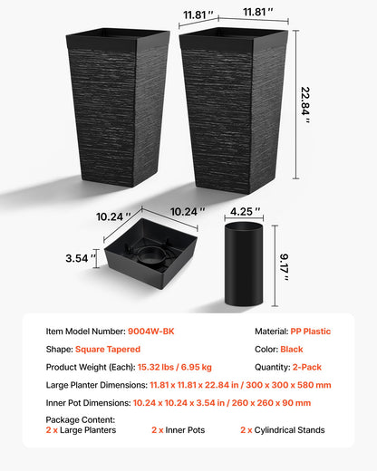 VEVOR Tall Planters Set of 2, 23 Inch Large Outdoor Taper Planters for Outdoor Indoor Plants, Front Porch Plastic Modern Flower Pots with Casters, Inner Pot & Drainage Holes for Patio, Garden, Black - FZXZSHPHS2PCH8DAZ001V0 - view 8