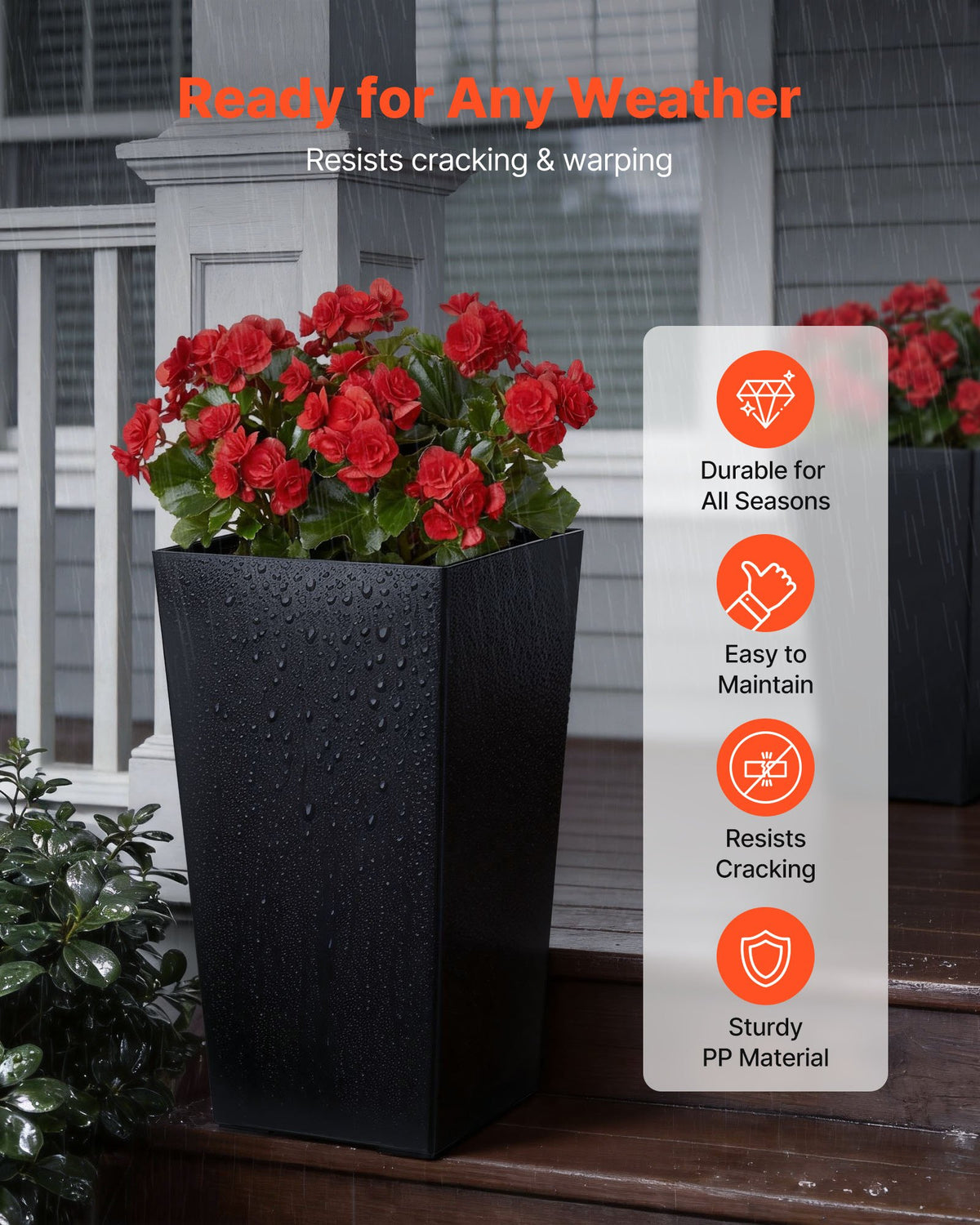 VEVOR Tall Planters Set of 2, 22 Inch Large Outdoor Taper Planters for Outdoor Indoor Plants, Front Porch Plastic Modern Flower Pots with Casters, Inner Pot & Drainage Holes for Patio, Garden, Black - FZXZSHPHS2PCJVOKW001V0 - view 3
