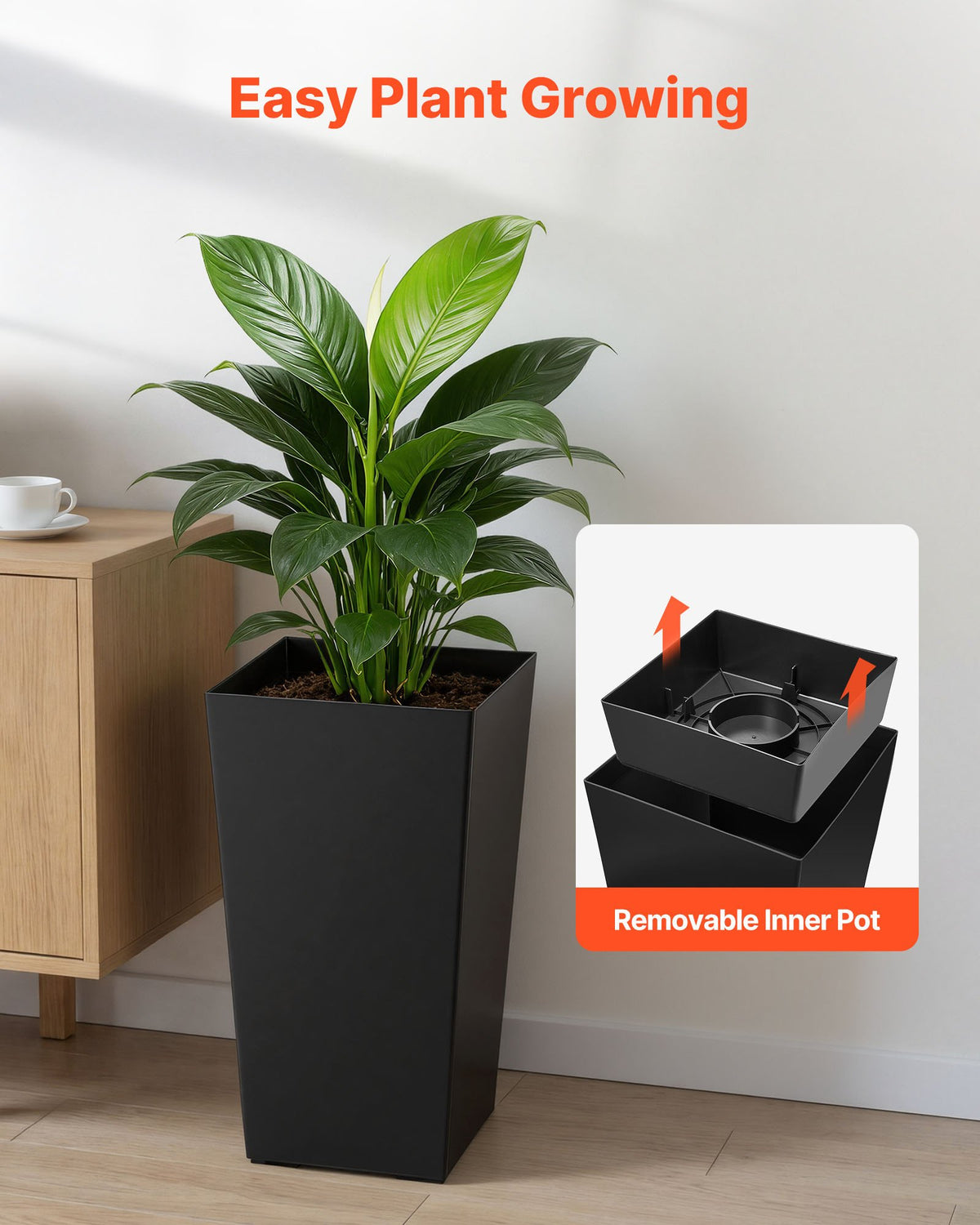 VEVOR Tall Planters Set of 2, 22 Inch Large Outdoor Taper Planters for Outdoor Indoor Plants, Front Porch Plastic Modern Flower Pots with Casters, Inner Pot & Drainage Holes for Patio, Garden, Black - FZXZSHPHS2PCJVOKW001V0 - view 6