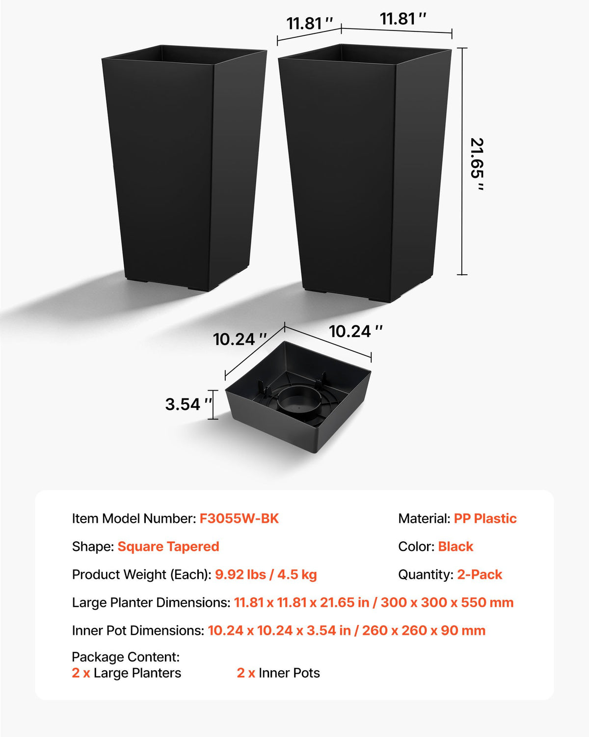 VEVOR Tall Planters Set of 2, 22 Inch Large Outdoor Taper Planters for Outdoor Indoor Plants, Front Porch Plastic Modern Flower Pots with Casters, Inner Pot & Drainage Holes for Patio, Garden, Black - FZXZSHPHS2PCJVOKW001V0 - view 8
