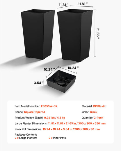 VEVOR Tall Planters Set of 2, 22 Inch Large Outdoor Taper Planters for Outdoor Indoor Plants, Front Porch Plastic Modern Flower Pots with Casters, Inner Pot & Drainage Holes for Patio, Garden, Black - FZXZSHPHS2PCJVOKW001V0 - view 8