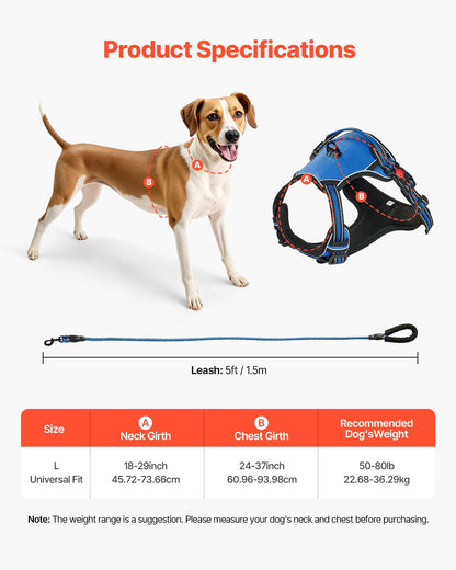 VEVOR Dog Harness for Large Dogs, No Pull Adjustable Dog Vest Pet Harness, with 5ft Leash, Handle, Metal Rings, Buckles, Reflective Stitching 600D Oxford Fabric, for Training, Walking, and Hiking - GBDBXGBDLM00V1MQWV0 - view 8
