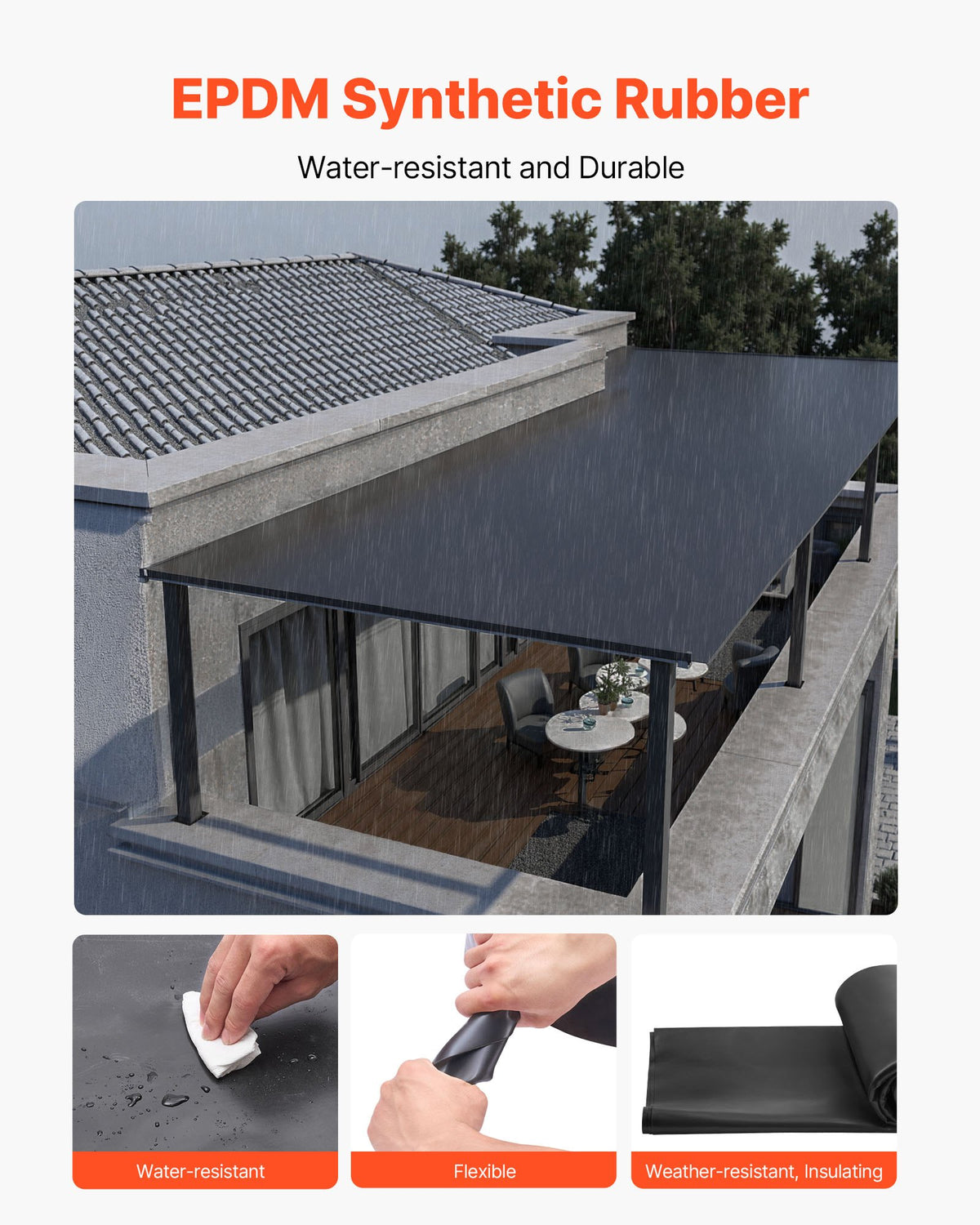 VEVOR Roll Roofing, 15 x 15 ft, 45 mil EPDM Rubber Roofing, Long Lifespan & Weather-resistant, Withstands Harsh Temperatures, Flexible & Easy Installation, Roof Underlayment for RVs, Roofs, Ponds - GBJ1515FT000JOA7O001V0 - view 5