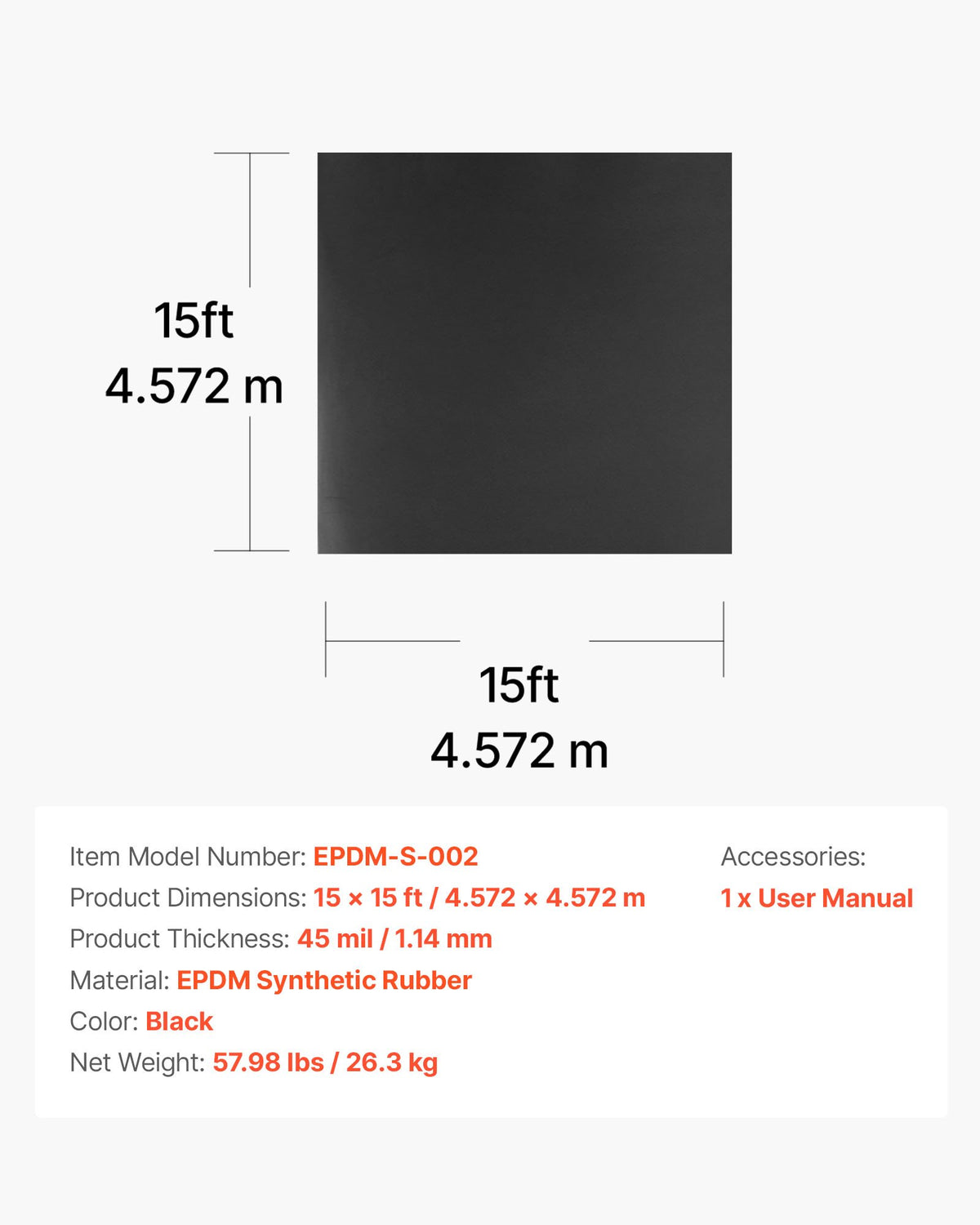 VEVOR Roll Roofing, 15 x 15 ft, 45 mil EPDM Rubber Roofing, Long Lifespan & Weather-resistant, Withstands Harsh Temperatures, Flexible & Easy Installation, Roof Underlayment for RVs, Roofs, Ponds - GBJ1515FT000JOA7O001V0 - view 8