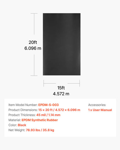 VEVOR Roll Roofing, 15 x 20 ft, 45 mil EPDM Rubber Roofing, Long Lifespan & Weather-resistant, Withstands Harsh Temperatures, Flexible & Easy Installation, Roof Underlayment for RVs, Roofs, Ponds - GBJ1520FT000YVF01001V0 - view 8