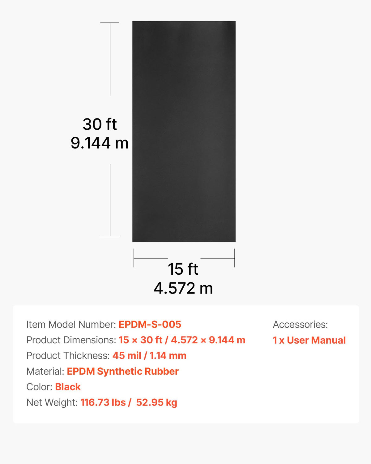 VEVOR Roll Roofing, 15 x 30 ft, 45 mil EPDM Rubber Roofing, Long Lifespan & Weather-resistant, Withstands Harsh Temperatures, Flexible & Easy Installation, Roof Underlayment for RVs, Roofs, Ponds - GBJ1530FT000JBYD3001V0 - view 8