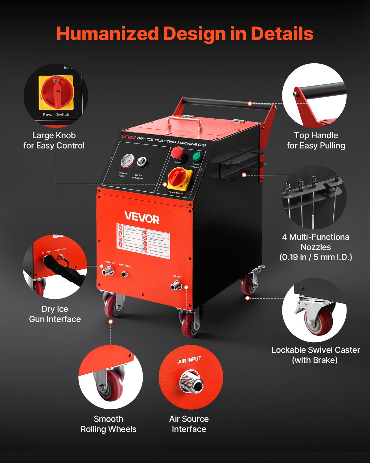 VEVOR Dry Ice Blasting Machine, 11LBS (5KG) Capacity Dry Ice Cleaning Machine with 4 Nozzles, Adjustable Pressure & Dry Ice Amount, Movable Blaster Cleaner for Automotive Ship Aviation Chemical, 120V - GBQXJKDK5KG003A64001V1 - view 7