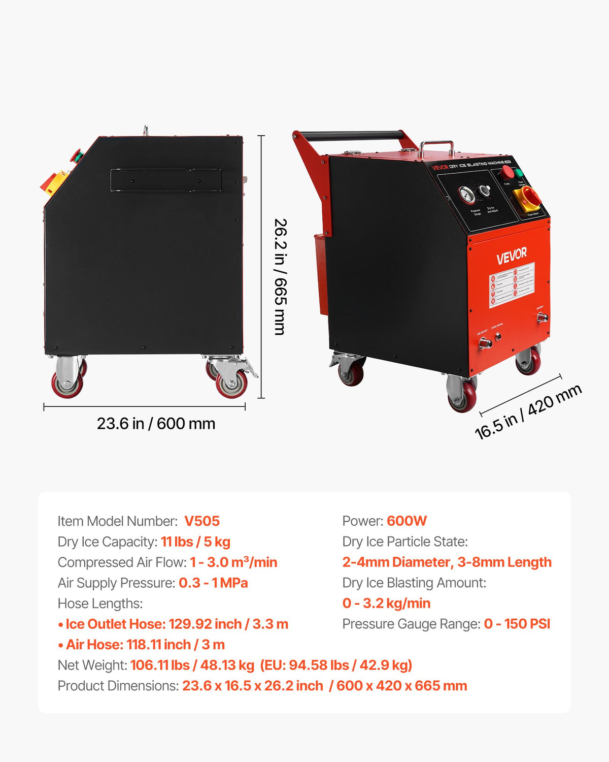 VEVOR Dry Ice Blasting Machine, 11LBS (5KG) Capacity Dry Ice Cleaning Machine with 4 Nozzles, Adjustable Pressure & Dry Ice Amount, Movable Blaster Cleaner for Automotive Ship Aviation Chemical, 120V - GBQXJKDK5KG003A64001V1 - view 8