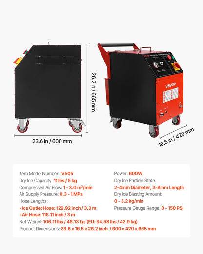 VEVOR Dry Ice Blasting Machine, 11LBS (5KG) Capacity Dry Ice Cleaning Machine with 4 Nozzles, Adjustable Pressure & Dry Ice Amount, Movable Blaster Cleaner for Automotive Ship Aviation Chemical, 120V - GBQXJKDK5KG003A64001V1 - view 8
