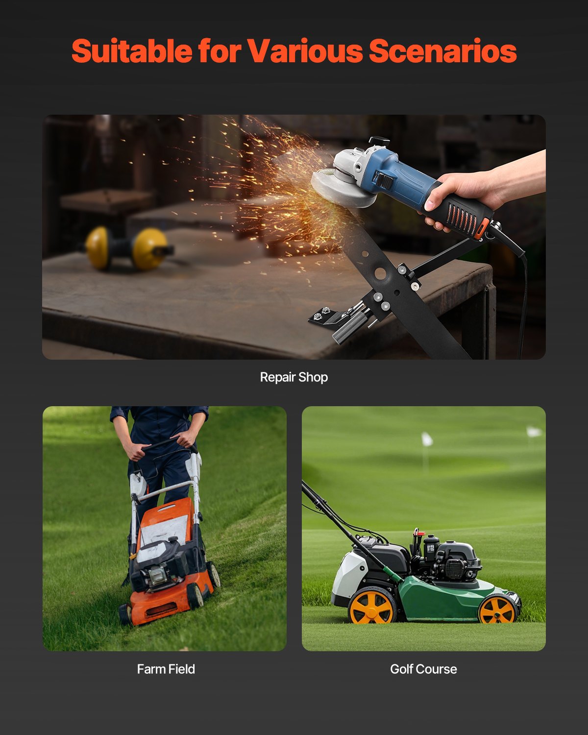 VEVOR Lawn Mower Blade Sharpener, 15° - 45° Adjustable Lawnmower Blade Sharpening Tool with 4 Adapter Pins, Ball Bearing Design & 25mm Enlarged Handle, Compatible with Most Angle Grinders - GCDPJJ1545MY5H0TG001V0 - view 7