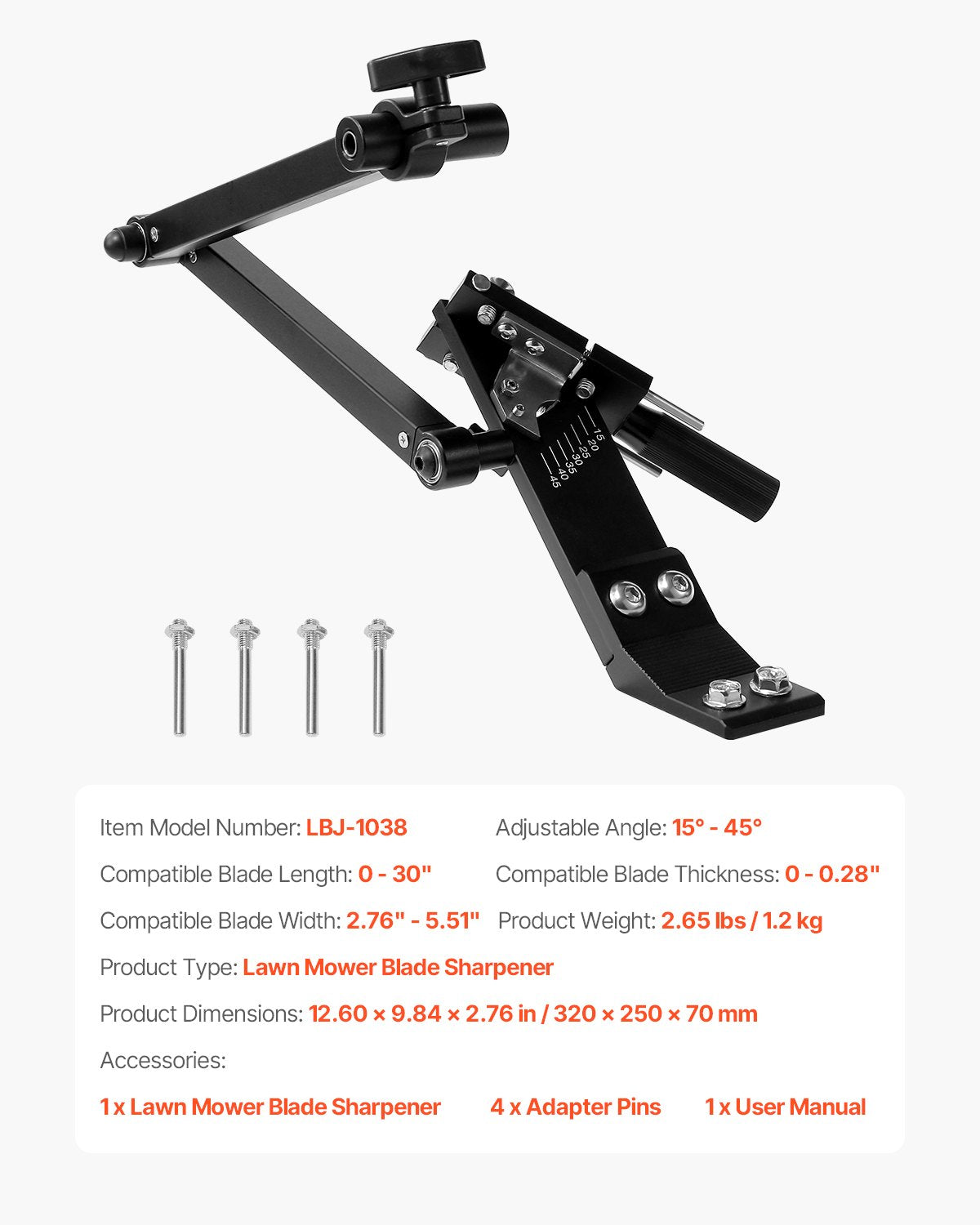VEVOR Lawn Mower Blade Sharpener, 15° - 45° Adjustable Lawnmower Blade Sharpening Tool with 4 Adapter Pins, Ball Bearing Design & 25mm Enlarged Handle, Compatible with Most Angle Grinders - GCDPJJ1545MY5H0TG001V0 - view 8