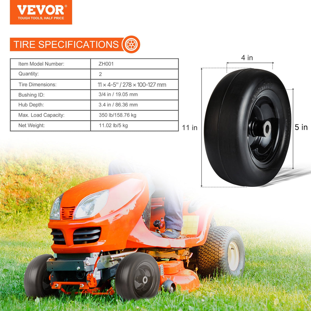 VEVOR Tubeless Mower Wheels, 11x4-5" Size, Pair of Flat-Free PU Tires on Rims, 3.4" Hub, 3/4" Bushing, Includes 20 Adapters, Suitable for Riding Mowers and Lawn Tractors - GCJLZ11X45SXTCAWDV0 - view 8