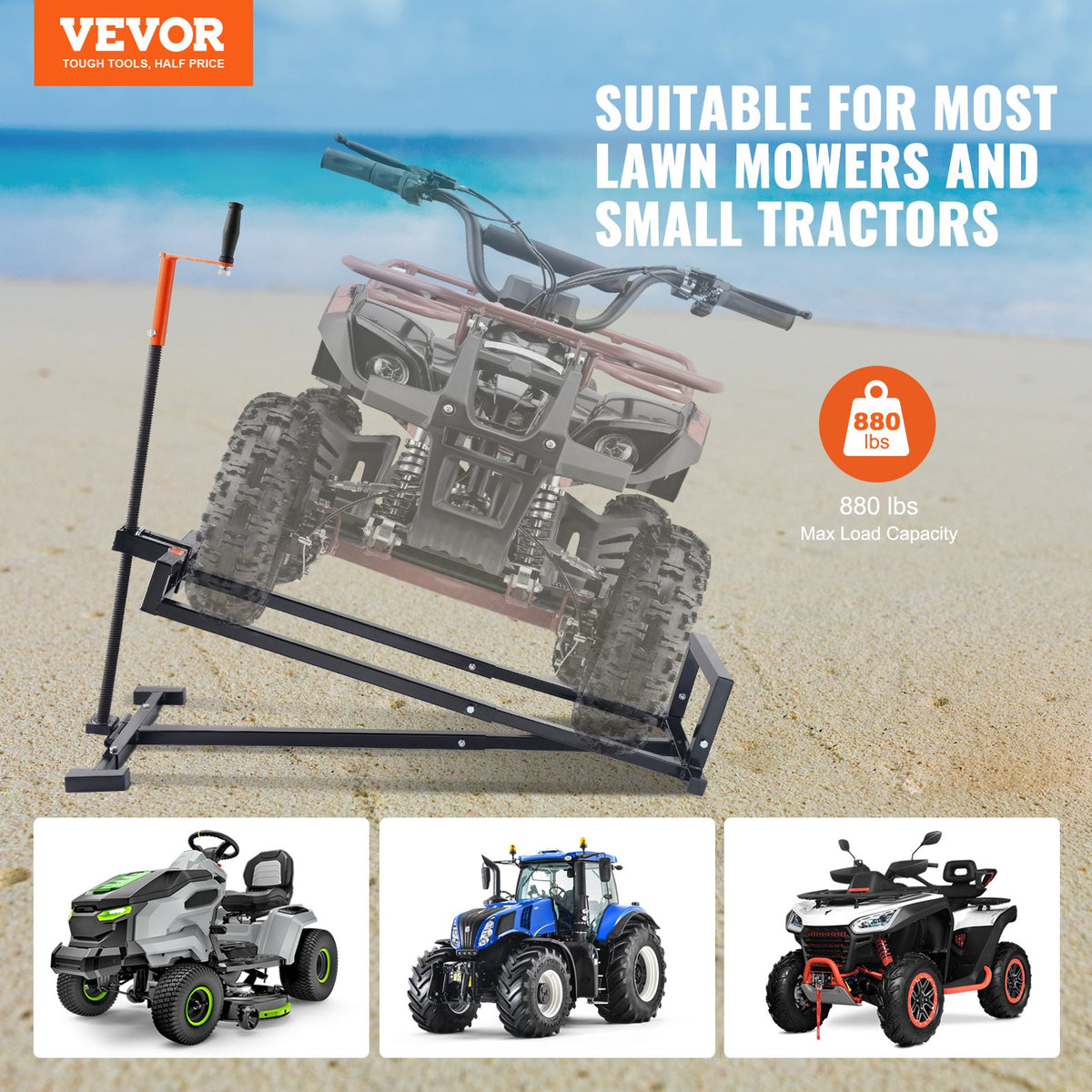 VEVOR Ride on Lawn Mower Lift Jack, 880 Lbs Weight Capacity, Telescopic Maintenance Jack with Crank Handle & Power Tool Handle, Foldable Lawn Tractor Lifter for Lawn Mowers and Garden Tractors, Black - GCJSJJSGS880KCFZHV0 - view 3