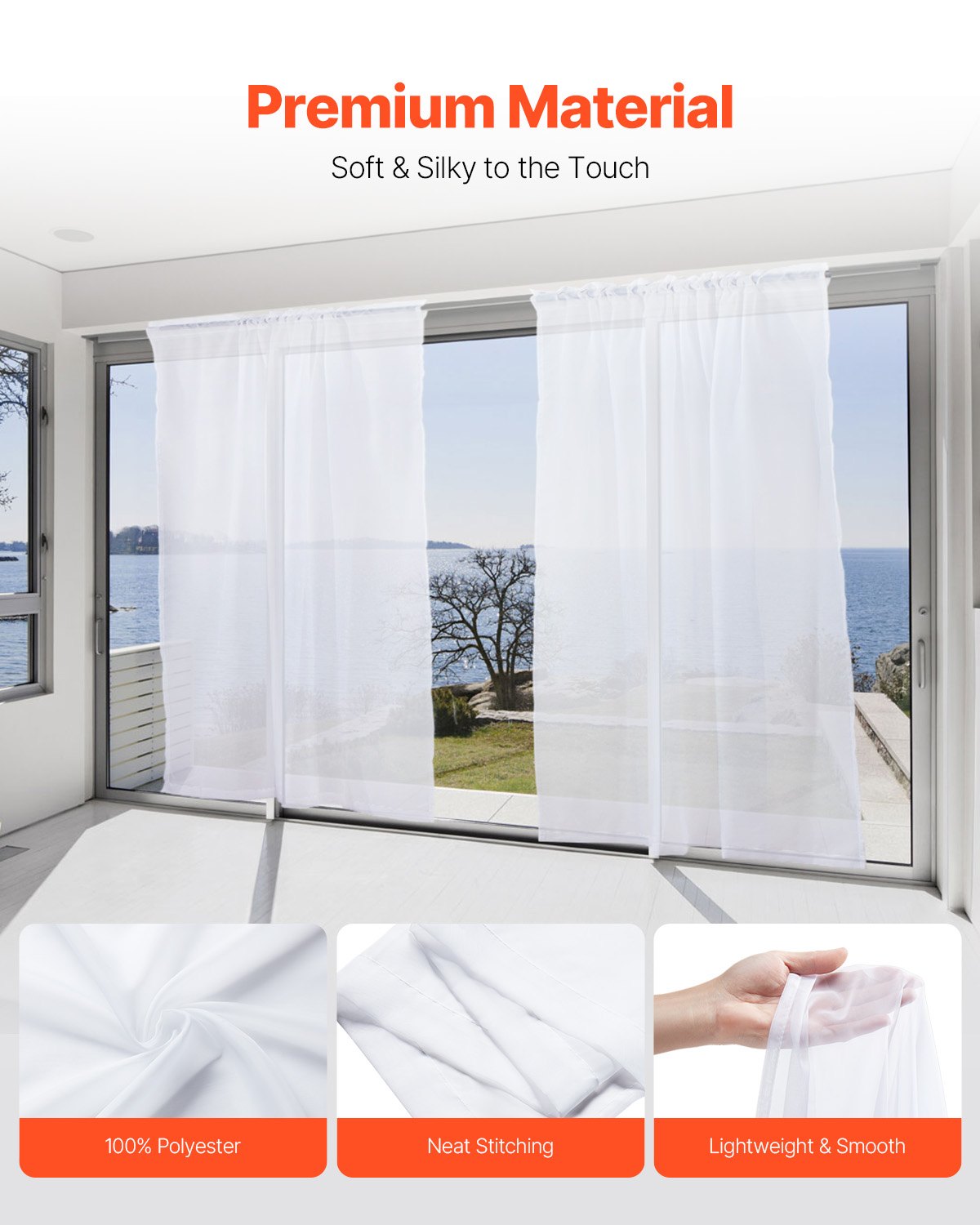 VEVOR Sheer Curtains, 84 inches Long, 2 Panels Set Sheer White Curtains, Each 42" W x 84" L, Dual Rod Pocket Installation, 100% Polyester Window Drapes for Bedroom, Living Room, Balcony, Yard - GDBSCL4284INDMFSA001V0 - view 3
