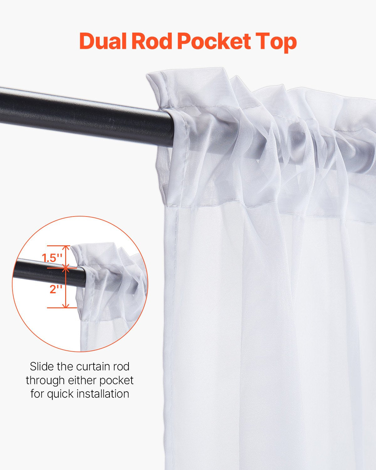 VEVOR Sheer Curtains, 84 inches Long, 2 Panels Set Sheer White Curtains, Each 42" W x 84" L, Dual Rod Pocket Installation, 100% Polyester Window Drapes for Bedroom, Living Room, Balcony, Yard - GDBSCL4284INDMFSA001V0 - view 5