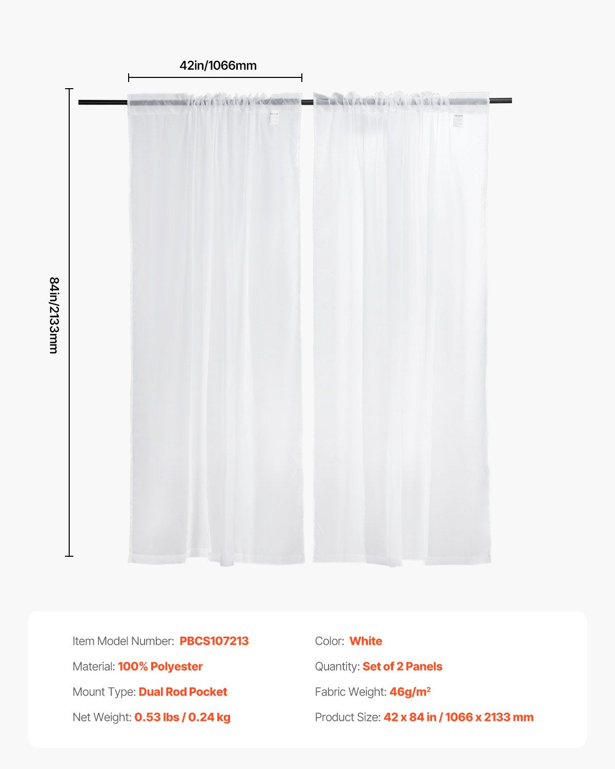 VEVOR Sheer Curtains, 84 inches Long, 2 Panels Set Sheer White Curtains, Each 42" W x 84" L, Dual Rod Pocket Installation, 100% Polyester Window Drapes for Bedroom, Living Room, Balcony, Yard - GDBSCL4284INDMFSA001V0 - view 8