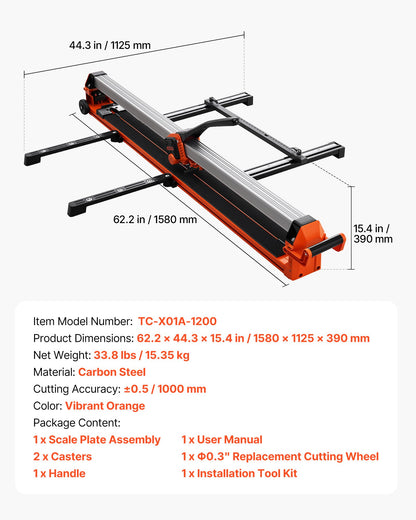 VEVOR 47.2-Inch Manual Tile Cutter, Upgraded Rail and Sliding Head, Precision Alignment Guide, Tungsten Carbide Cutting Wheel, Support Legs with Swivel Wheels, for DIY Pros, Ceramic, Floor, Wall Tiles - GDDZDGHHDTSJBBPZL001V0 - view 8
